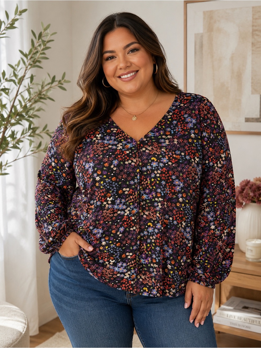 Mossimo Supply Co. Black Floral V-Neck Long Sleeve Blouse